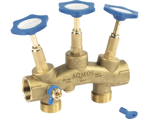 Distributeur de circuit de chauffage Aquamos en laiton avec trois vannes et clé correspondante