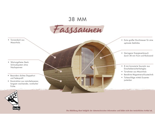 Coupe transversale d''un sauna tonneau avec toit en bois et porte en verre