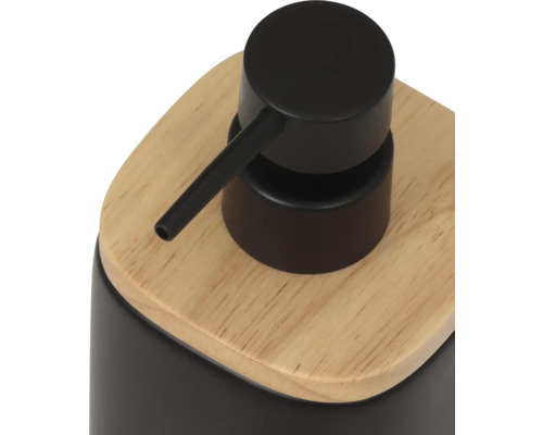 Schwarzer Seifenspender mit Holzdeckel
