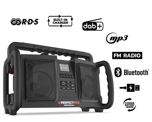 Radio de chantier Perfectpro Rockbull avec Bluetooth, radio FM, DAB plus, MP3 et chargeur intégré