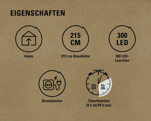 Eigenschaften: Innen geeignet, 215 Zentimeter Baumhöhe, 300 LED Leuchten, Stromstecker, Timerfunktion sechs Stunden ein und 18 Stunden aus