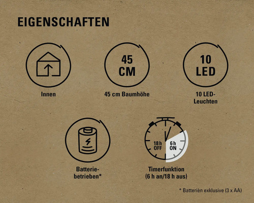 Eigenschaften: Innenbereich, 45 Zentimeter Baumhöhe, 10 LED Leuchten, Batteriebetrieb, Timerfunktion