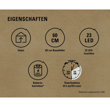 Eigenschaften: Innenbereich geeignet, 60 Zentimeter Baumhöhe, 23 LED Leuchten, Batteriebetrieb, Timerfunktion