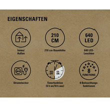 Eigenschaften: Innen- und Aussenbereich, 210 Zentimeter Baumhöhe, 640 LED Leuchten, Stromstecker, Timerfunktion (6 Stunden an, 18 Stunden aus), 8 Beleuchtungsfunktionen