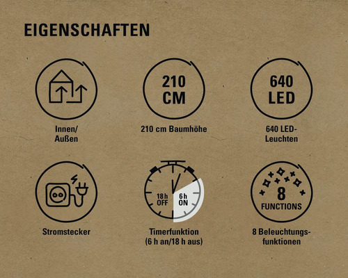 Eigenschaften: Innen- und Aussenbereich, 210 Zentimeter Baumhöhe, 640 LED Leuchten, Stromstecker, Timerfunktion (6 Stunden an, 18 Stunden aus), 8 Beleuchtungsfunktionen