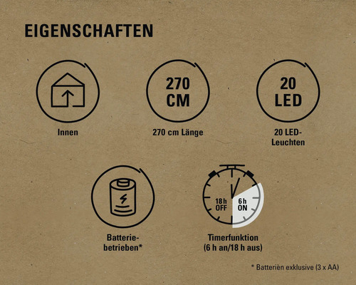 Eigenschaften: Innenbereich, 270 Zentimeter Länge, 20 LED Leuchten, Batteriebetrieb, Timerfunktion