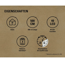 Eigenschaften: Innenbereich, 500 cm Länge, 40 LED Leuchten, Batteriebetrieb, Timerfunktion