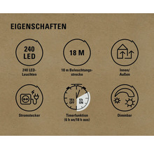 Eigenschaften: 240 LEDs, 18 Meter Länge, für Innen- und Außenbereich, Stromstecker, Timerfunktion, dimmbar