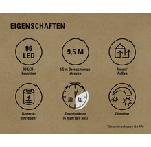 Eigenschaften: 96 LED Lampen, 9,5 Meter Beleuchtungsstrecke, Innen- und Außenbereich, Batteriebetrieb, Timerfunktion sechs Stunden an und achtzehn Stunden aus, Dimmbar