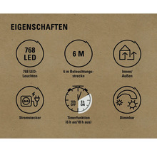 Eigenschaften: 768 LEDs, 6 Meter Beleuchtungsstrecke, für Innen und Außen, Stromstecker, Timerfunktion, dimmbar