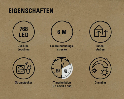 Eigenschaften: 768 LEDs, 6 Meter Beleuchtungsstrecke, für Innen und Außen, Stromstecker, Timerfunktion, dimmbar