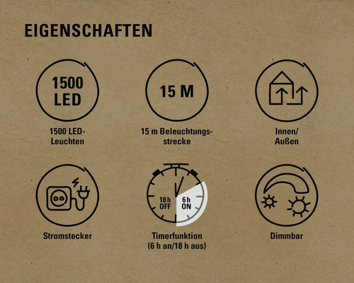 Eigenschaften: 1500 LED Leuchten, 15 Meter Beleuchtungsstrecke, für Innen und Aussen, Stromstecker, Timerfunktion, Dimmbar