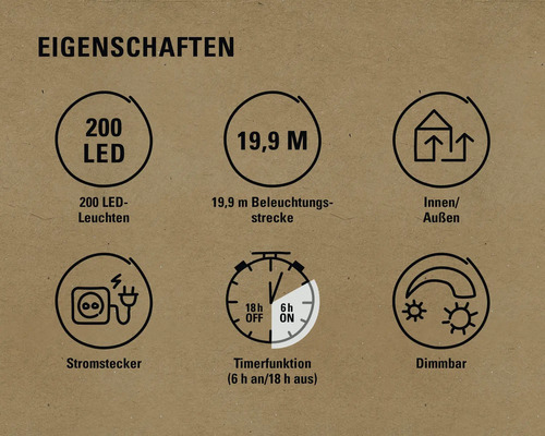 Eigenschaften: 200 LED Leuchten, 19,9 Meter Beleuchtungsstrecke, geeignet für Innen und Außen, Stromstecker, Timerfunktion (6 Stunden an, 18 Stunden aus), dimmbar