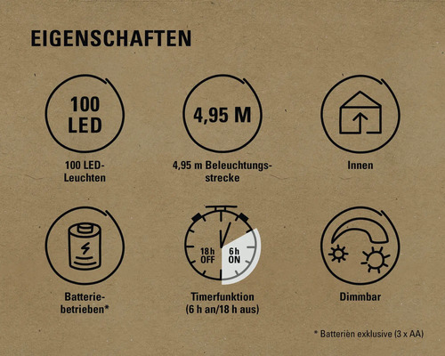 Produktmerkmale: 100 LED Leuchten, 4,95 Meter Beleuchtungsstrecke, für Innenräume geeignet, Batteriebetrieb, Timerfunktion, dimmbar