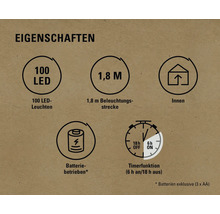 Eigenschaften: 100 LEDs, 1,8 Meter Beleuchtungsstrecke, für Innenräume, Batteriebetrieb, Timerfunktion