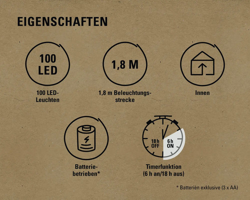 Eigenschaften: 100 LEDs, 1,8 Meter Beleuchtungsstrecke, für Innenräume, Batteriebetrieb, Timerfunktion