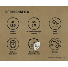 Eigenschaften: 41 LEDs, 65 cm Länge, Innen- und Aussenbereich, Batteriebetrieb, Timerfunktion, Dimmbar