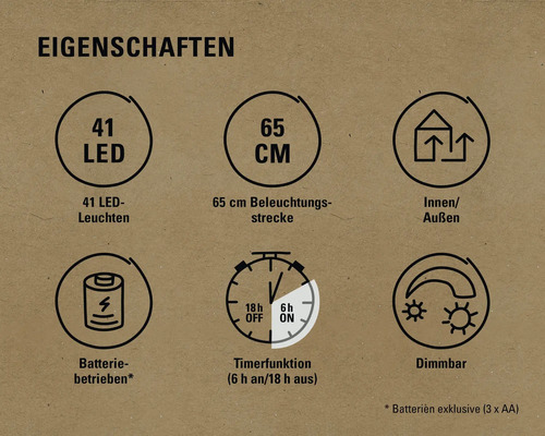 Eigenschaften: 41 LEDs, 65 cm Länge, Innen- und Aussenbereich, Batteriebetrieb, Timerfunktion, Dimmbar