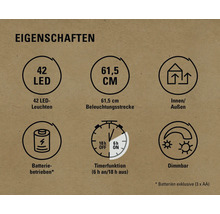 Eigenschaften: 42 LEDs, 61,5 cm Länge, Innen- und Außenbereich, Batteriebetrieb, Timerfunktion, dimmbar
