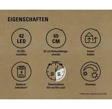 Eigenschaften: 42 LED Leuchten, 65 cm Beleuchtungsstrecke, für Innen und Aussen geeignet, Batteriebetrieb, Timerfunktion und dimmbar