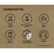 Eigenschaften: 113 LED Leuchten, 65 cm Beleuchtungsstrecke, Innen- und Aussenbereich, Batteriebetrieb, Timerfunktion (6 Stunden an, 18 Stunden aus), Dimmbar