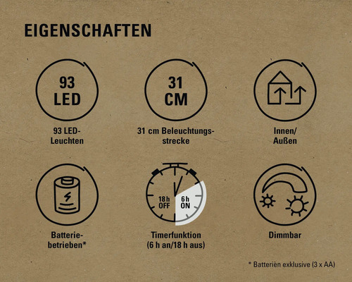 Produktmerkmale: 93 LEDs, 31 Zentimeter Länge, geeignet für Innen- und Außenbereiche, Batteriebetrieb, Timerfunktion und Dimmbarkeit