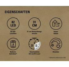 Darstellung der Eigenschaften: 82 LED Leuchten, 31 Zentimeter Beleuchtungsstrecke, geeignet für Innen und Außen, Batteriebetrieb, Timerfunktion und Dimmbarkeit