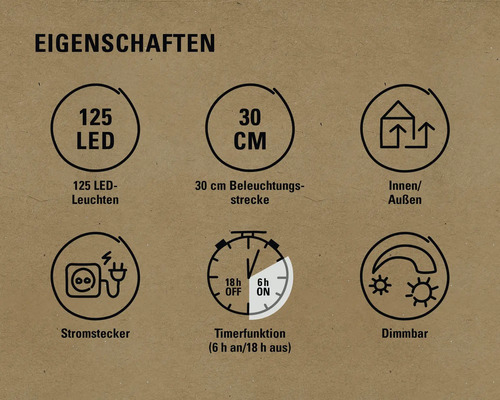 Eigenschaften: 125 LEDs, 30 Zentimeter Beleuchtungsstrecke, für Innen und Außen geeignet, Stromstecker, Timerfunktion sechs Stunden an und 18 Stunden aus, dimmbar