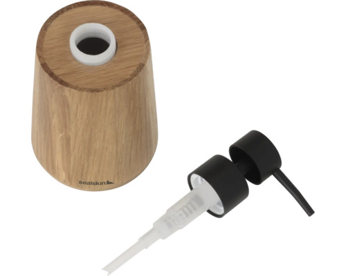 Seifenspender aus Holz mit schwarzer Pumpe
