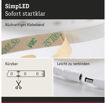 SimpLED Lichtband mit rückseitigem Klebeband, Kürzbarkeitssymbol und Verbindungselement.