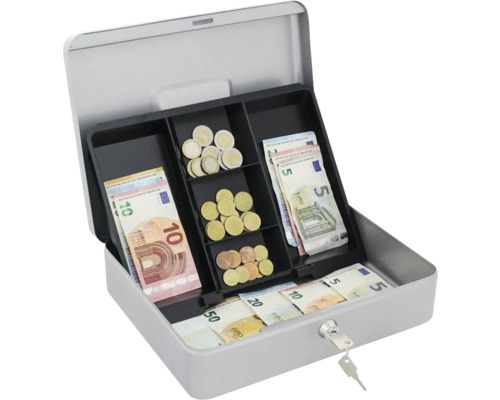 Geöffneter Geldeinsatz mit Euro Banknoten und Münzen