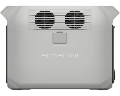 Logo EcoFlow sur station d''alimentation portable avec ventilateur et connexion de batterie