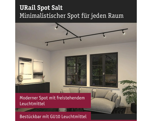 Spot sur rail Paulmann URail à intensité lumineuse variable Salt noir/mat 230V Spot URail Salt dans un salon avec canapé et décoration