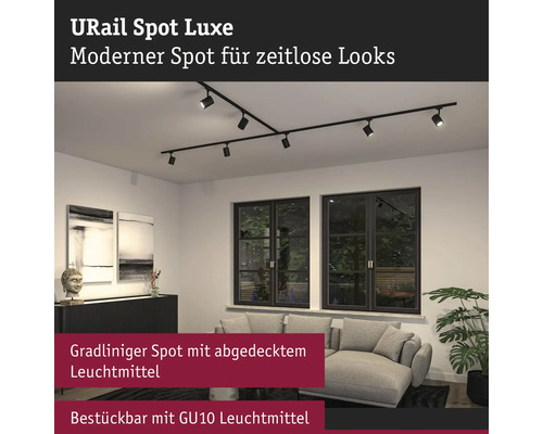 Spot sur rail Paulmann URail à intensité lumineuse variable Luxe noir/mat 230V Système d''éclairage URail Spot Luxe dans le salon