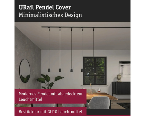 Suspension Paulmann URail à intensité lumineuse variable Cover noir/mat 230V Salle à manger avec système de rails URail et suspensions au design minimaliste