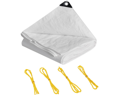 Weiße Gewebeplane mit Ösen und gelben Befestigungsseilen