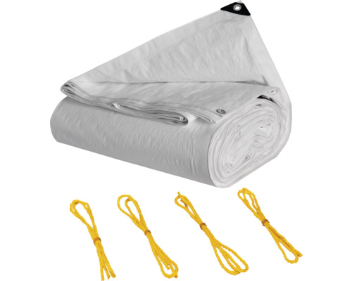 Weiße Gewebeplane mit Ösen und Befestigungsseilen