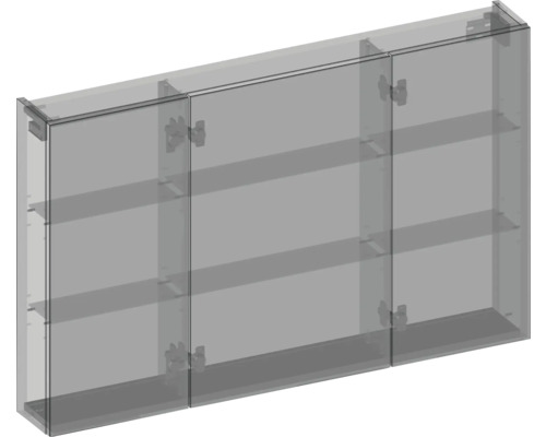 Glaskasten mit drei Türen und Regalen
