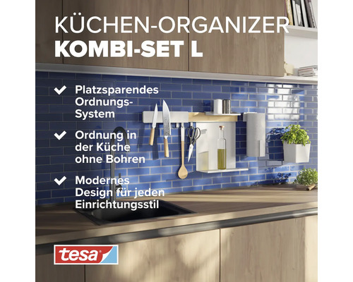 Organisateur de cuisine Kombi-Set L sur un mur de cuisine avec ustensiles