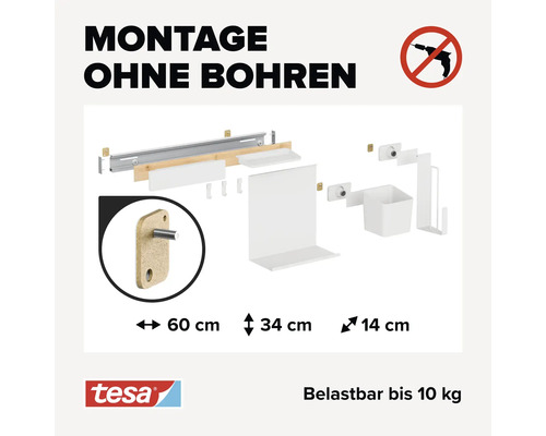 Instructions de montage pour l''installation sans perçage. Logo Tesa. Charge maximale 10 kilogrammes