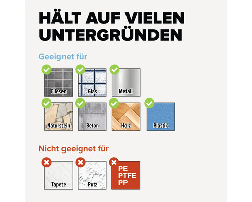 Convient et ne convient pas à différents supports tels que carrelage, verre, métal, pierre naturelle, béton, bois, plastique, papier peint et plâtre