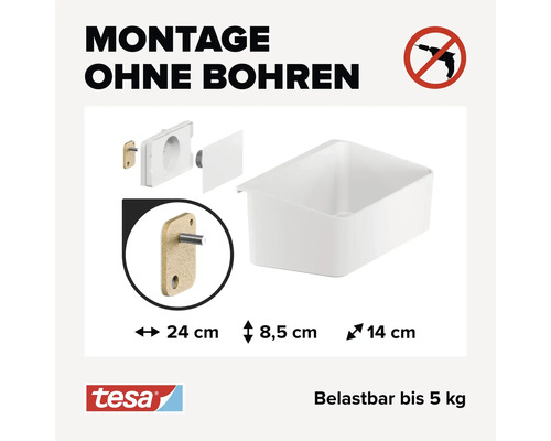 Panier de rangement Tesa pour montage sans perçage avec des dimensions de 24 cm x 8,5 cm x 14 cm et une capacité de charge jusqu''à 5 kilogrammes