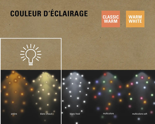 Différentes couleurs d''éclairage au choix: blanc chaud, blanc chaud classique, blanc froid, multicolore et multicolore doux.