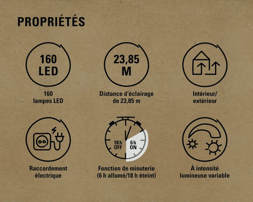 Propriétés : 160 LED, portée d’éclairage de 23,85 mètres, convient pour l’intérieur et l’extérieur, raccordement électrique, fonction de minuterie (6 heures allumées/18 heures éteintes), intensité lumineuse variable