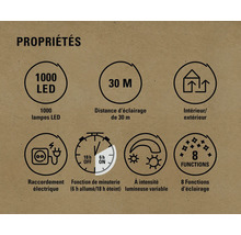 Propriétés : 1 000 lampes LED, portée d’éclairage de 30 mètres, intérieur/extérieur, raccordement électrique, fonction de minuterie (6 heures allumées/18 heures éteintes), intensité lumineuse variable, 8 fonctions d’éclairage