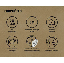 Propriétés : 768 LED, portée d’éclairage de 6 m, pour l’intérieur et l’extérieur, raccordement électrique, fonction de minuterie (6 h allumée/18 h éteinte), intensité lumineuse variable