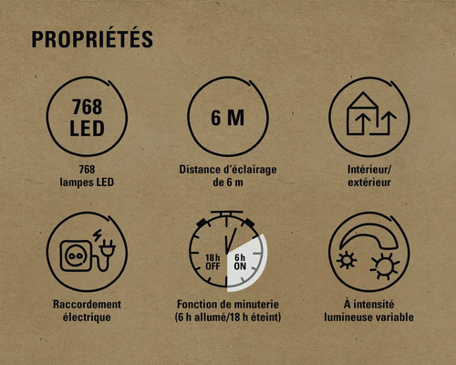 Propriétés : 768 LED, portée d’éclairage de 6 m, pour l’intérieur et l’extérieur, raccordement électrique, fonction de minuterie (6 h allumée/18 h éteinte), intensité lumineuse variable