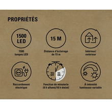 Caractéristiques du produit : 1 500 lampes LED, portée d’éclairage de 15 mètres, convient pour l’intérieur et l’extérieur, raccordement électrique, fonction de minuterie, intensité lumineuse variable