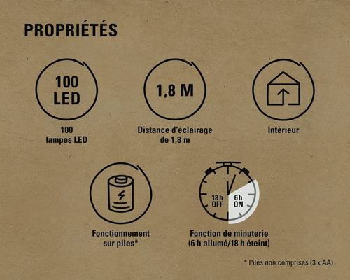 Propriétés : 100 LED, distance d’éclairage de 1,8 m, convient pour l’intérieur, fonctionne sur piles, fonction de minuterie