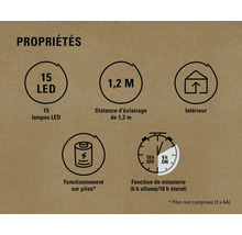 Propriétés : 15 LED, portée de 1,2 mètre, pour l’intérieur, fonctionnement sur piles, fonction de minuterie